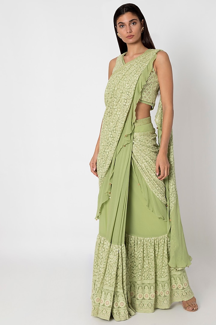 Green Embroidered Lucknowi Saree Set by Sole Affair