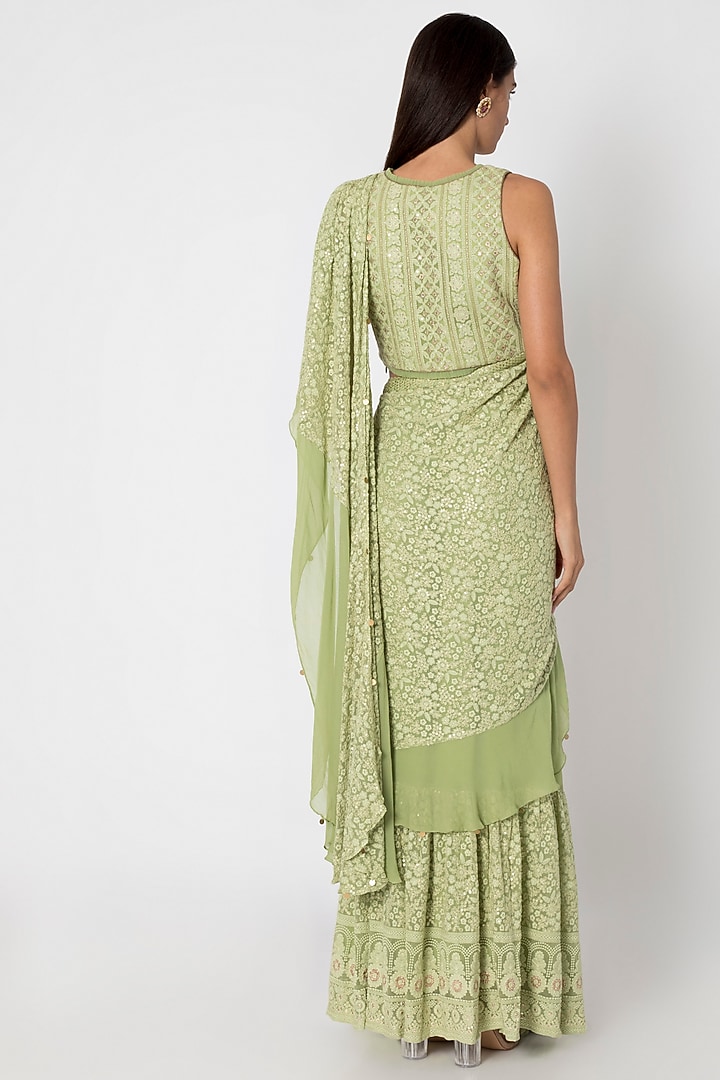 Green Embroidered Lucknowi Reception Saree Set by Sole Affair at Pernia's Pop Up Shop