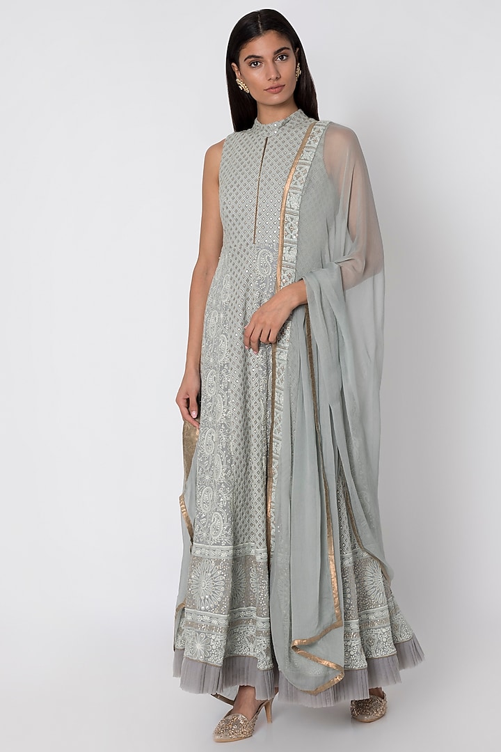 Grey Embroidered Anarkali With Dupatta by Sole Affair