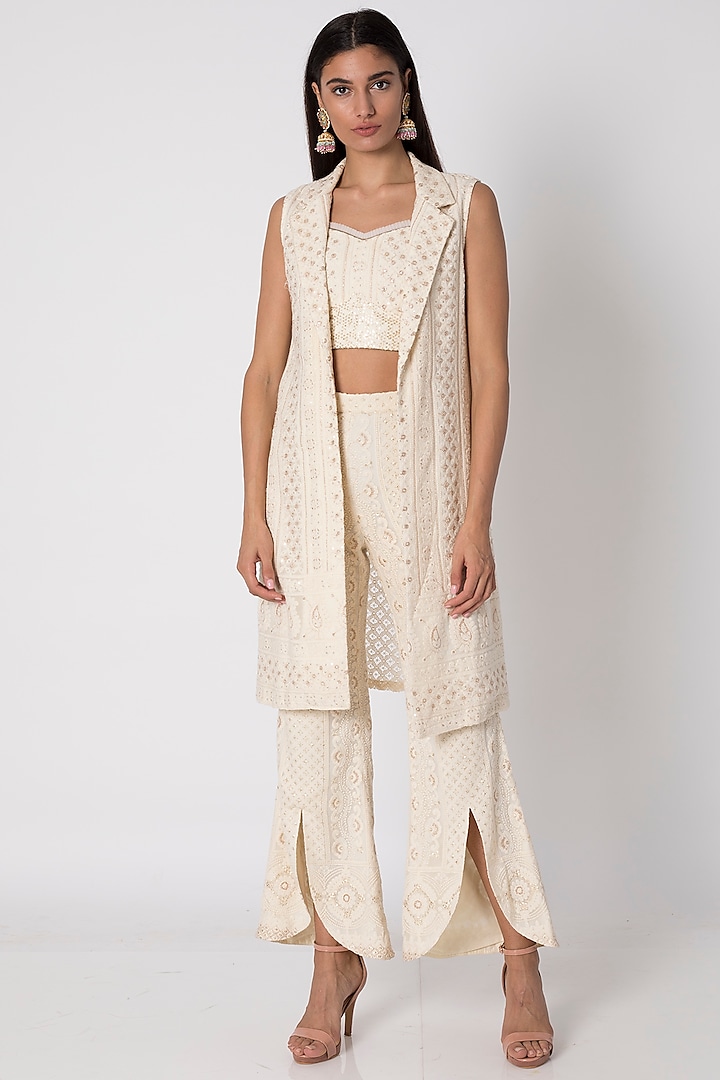 Ivory Embroidered Bustier With Jacket & Pants by Sole Affair