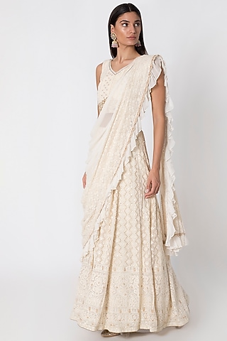 Ivory Lucknowi Embroidered Lehenga Set by Sole Affair