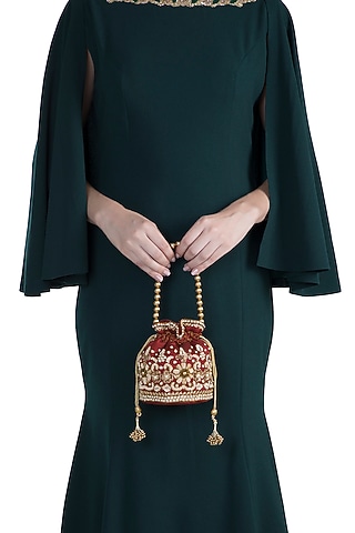 Maroon Embroidered Raw Silk Potli by SONNET 