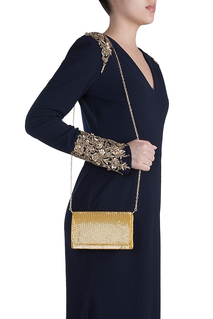 Gold Embroidered Box Clutch by SONNET 