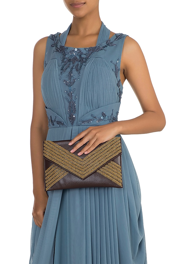 Brown Embroidered Envelope Clutch by SONNET