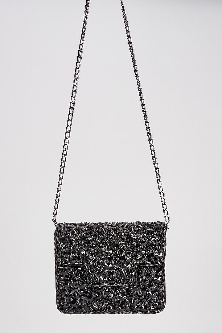 Black Raw Silk Crystal Clutch by Sonnet at Pernia's Pop Up Shop