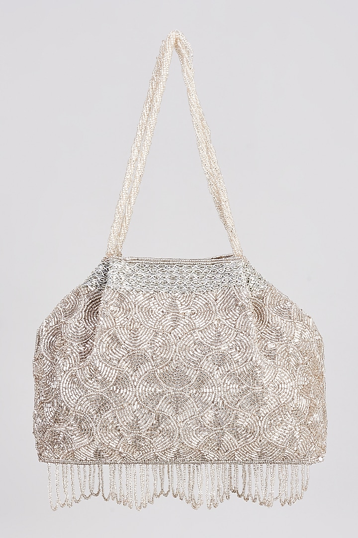 Silver Satin Beaded Clutch by Sonnet at Pernia's Pop Up Shop