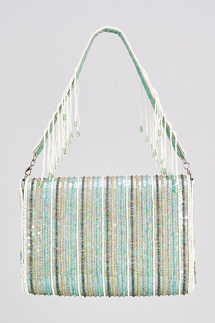 Mint Green Raw Silk Sequins & Beaded Clutch by Sonnet at Pernia's Pop Up Shop