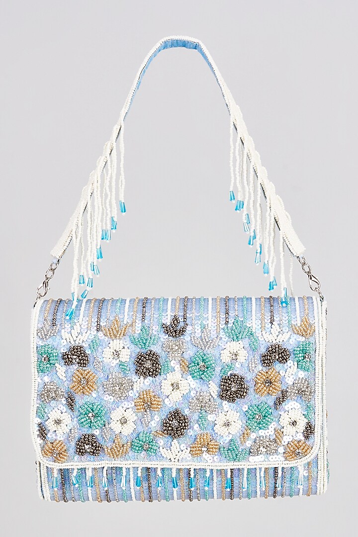 Blue Raw Silk Sequins & Beaded Clutch by Sonnet at Pernia's Pop Up Shop