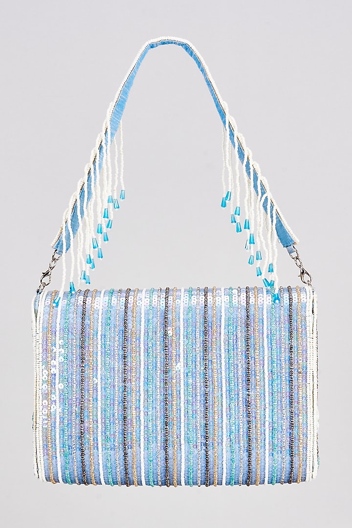Blue Raw Silk Sequins & Beaded Clutch by Sonnet at Pernia's Pop Up Shop