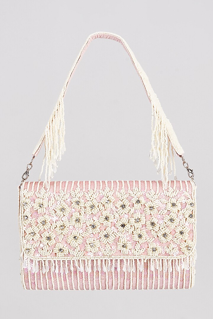 Baby Pink Raw Silk Sequins & Beaded Clutch by Sonnet at Pernia's Pop Up Shop