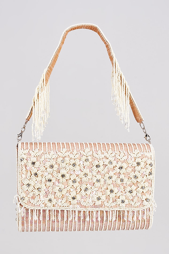 Light Brown Raw Silk Sequins & Beaded Clutch by Sonnet at Pernia's Pop Up Shop