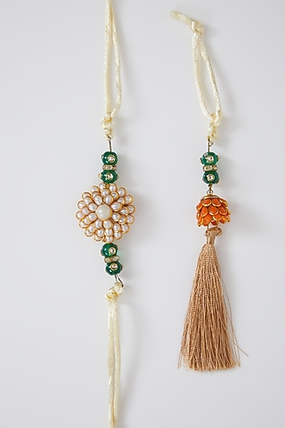 Gold Finish Floral Rakhi & Lumba Set by Sonnet