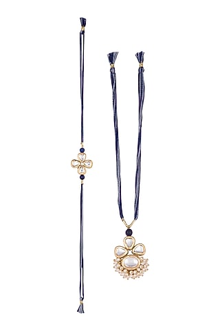 Gold Finish Kundan Rakhi & Pearl Lumba Set by SONNET
