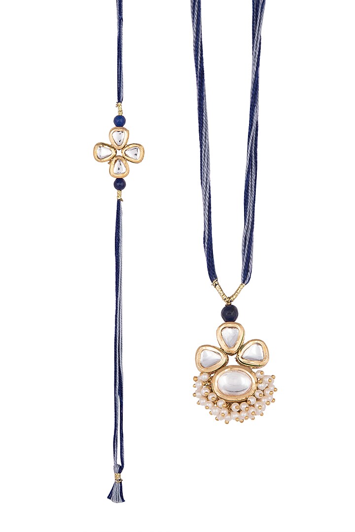 Gold Finish Kundan Rakhi & Pearl Lumba Set by SONNET at Pernia's Pop Up Shop