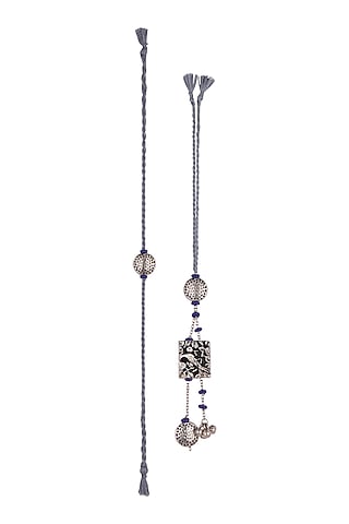 Silver Oxidised Blue Beaded Rakhi & Lumba Set by SONNET