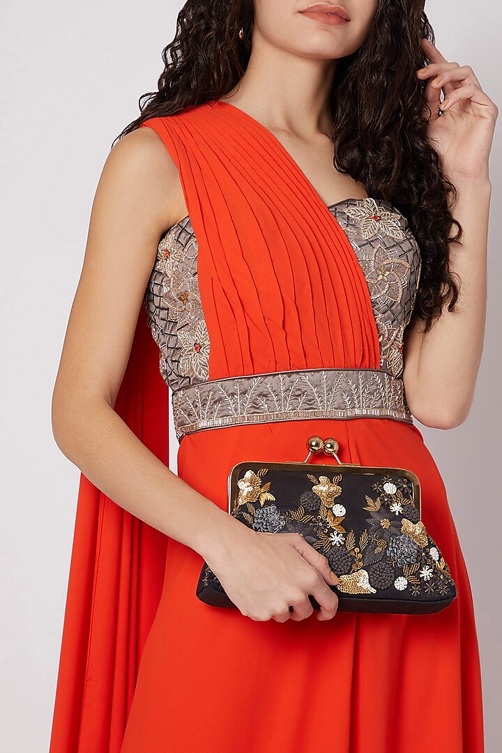 Black Embroidered Satin & Silk Clutch by SONNET