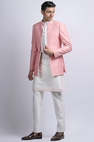Peach Pink Silk Embroidered Indowestern Set by SUHAIL HAFEEZ