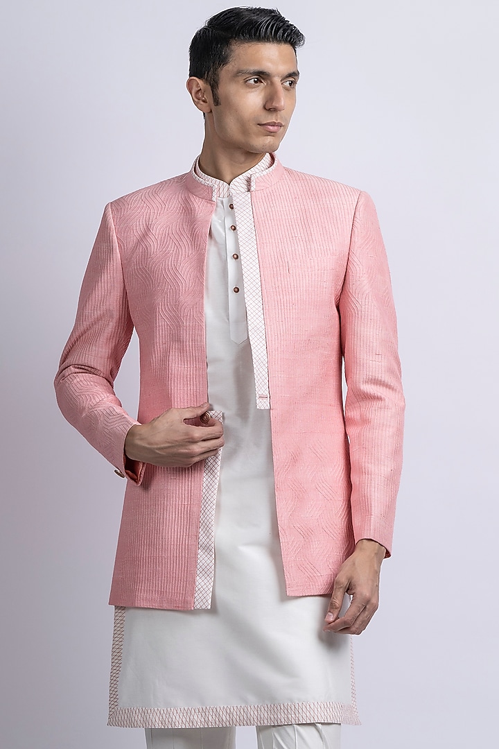 Peach Pink Silk Embroidered Wedding Indowestern Set by SUHAIL HAFEEZ at Pernia's Pop Up Shop