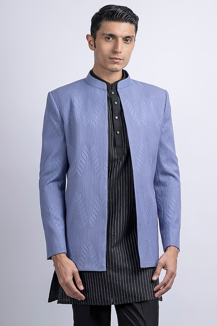 Cornflower Blue Cotton & Silk Blend Embroidered Wedding Indowestern Set by SUHAIL HAFEEZ at Pernia's Pop Up Shop