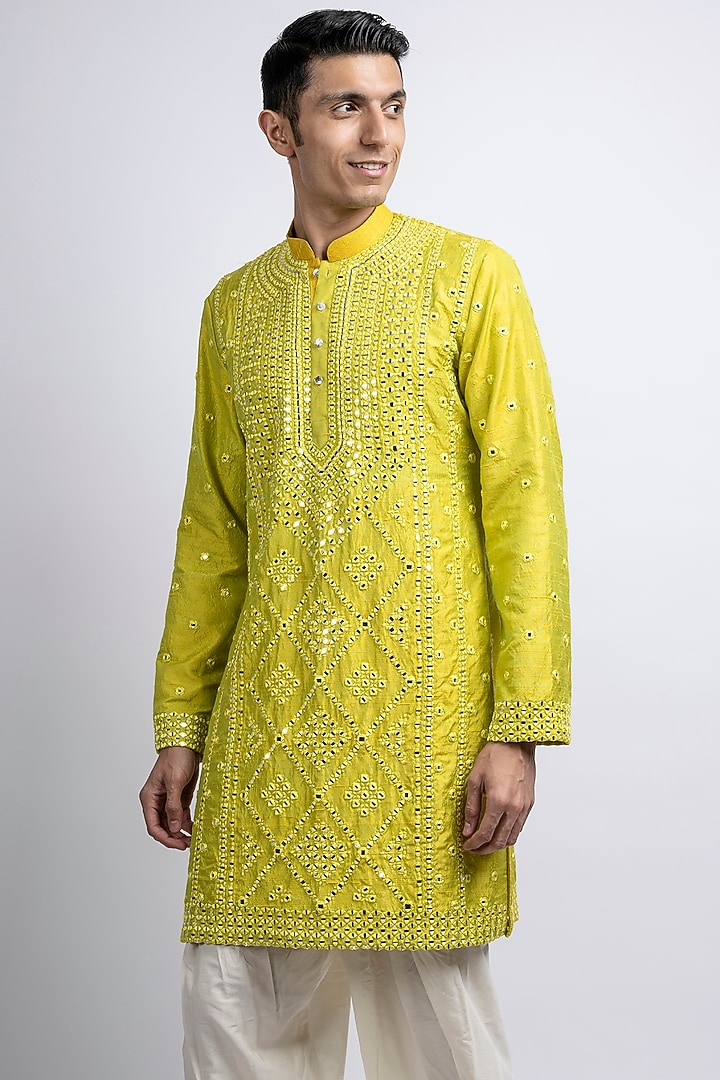 Lime Green Viscose Silk Mirror Embroidered Kurta Set by SUHAIL HAFEEZ at Pernia's Pop Up Shop