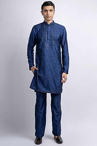 Blue Dupion Embroidered Kurta Set by SUHAIL HAFEEZ