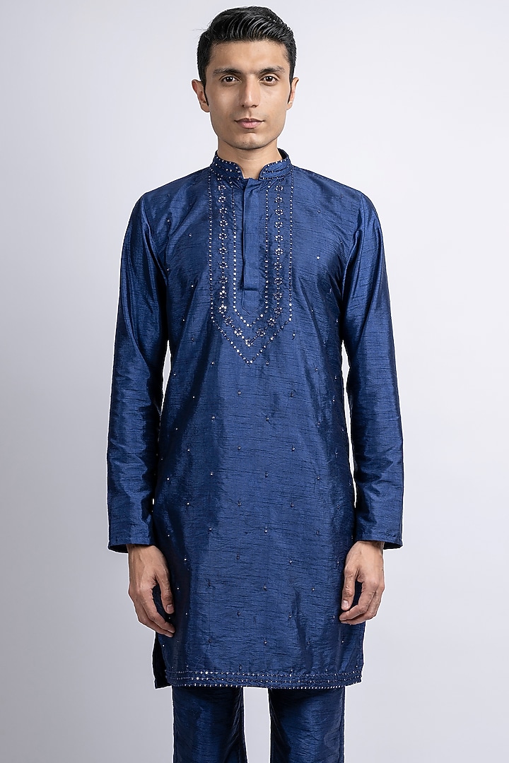 Blue Dupion Embroidered Kurta Set by SUHAIL HAFEEZ at Pernia's Pop Up Shop