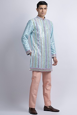 Sky Blue Viscose Silk Embroidered Kurta Set by SUHAIL HAFEEZ