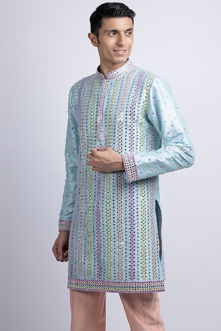 Sky Blue Viscose Silk Embroidered Kurta Set by SUHAIL HAFEEZ at Pernia's Pop Up Shop