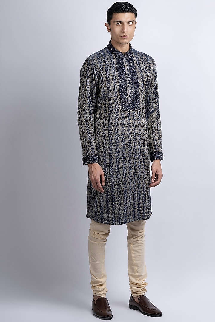 Blue Cotton Silk Jacquard Hand Embroidered Kurta Set by SUHAIL HAFEEZ