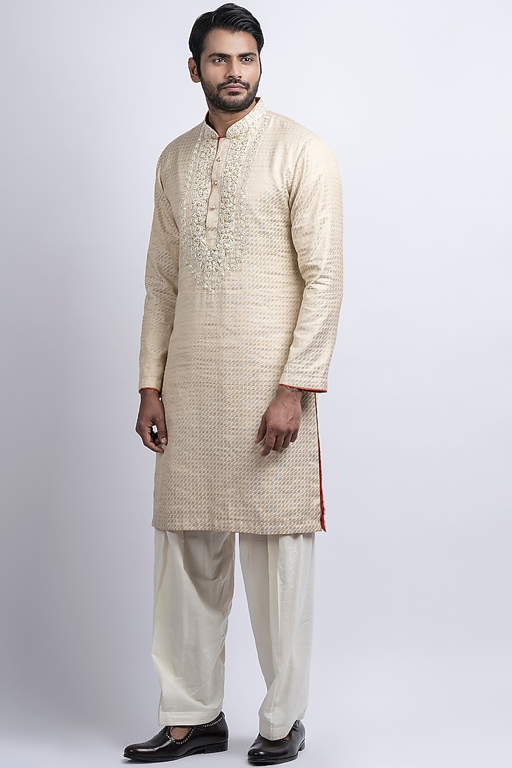 Gold Cotton Silk Jacquard Hand Embroidered Kurta Set by SUHAIL HAFEEZ at Pernia's Pop Up Shop