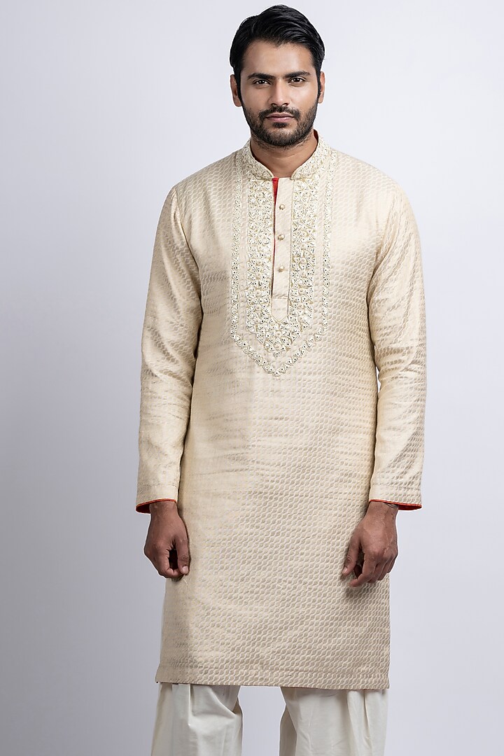 Gold Cotton Silk Jacquard Hand Embroidered Kurta Set by SUHAIL HAFEEZ at Pernia's Pop Up Shop