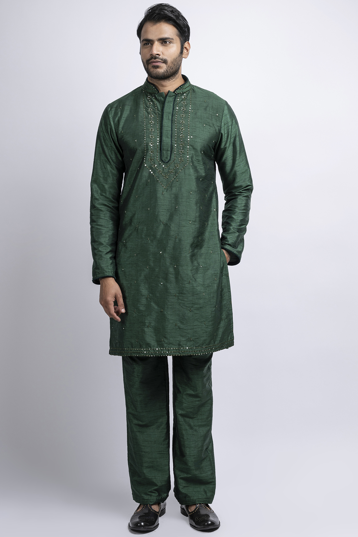 Mehendi Green Dupion Mirror Embroidered Kurta Set by SUHAIL HAFEEZ at Pernia's Pop Up Shop