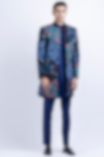 Blue Micro Velvet Embroidered Indo-Western Set by SUHAIL HAFEEZ at Pernia's Pop Up Shop