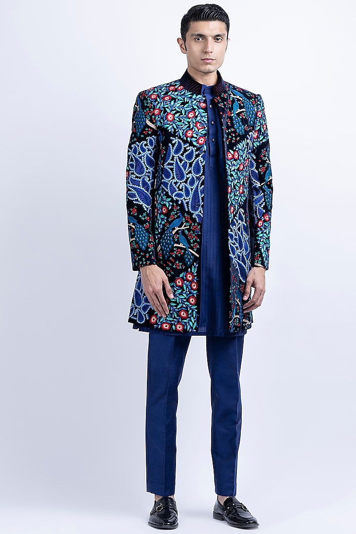 Blue Micro Velvet Embroidered Indo-Western Set by SUHAIL HAFEEZ at Pernia's Pop Up Shop