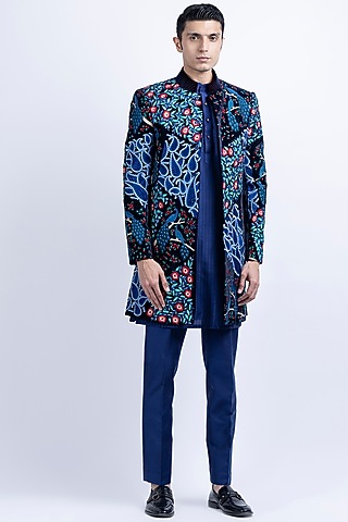 Blue Micro Velvet Embroidered Indo-Western Set by SUHAIL HAFEEZ