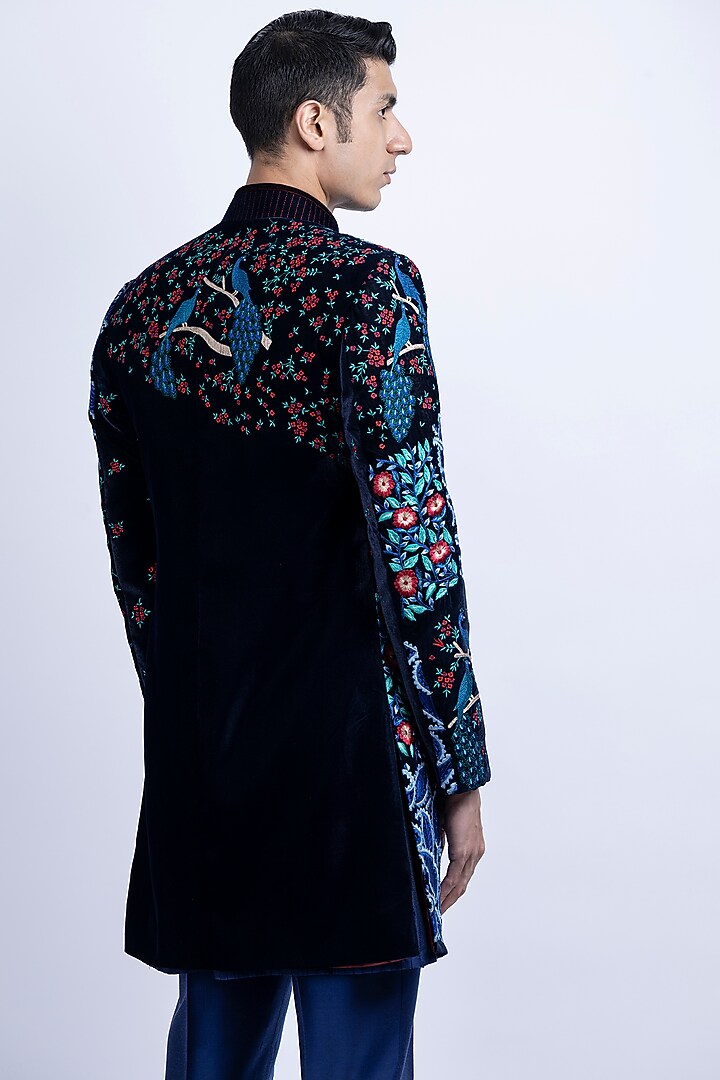 Blue Micro Velvet Embroidered Indo-Western Set by SUHAIL HAFEEZ at Pernia's Pop Up Shop