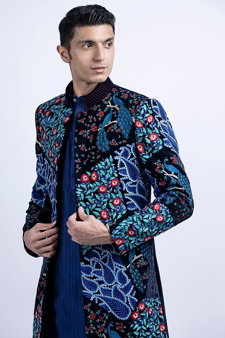 Blue Micro Velvet Embroidered Indo-Western Set by SUHAIL HAFEEZ at Pernia's Pop Up Shop