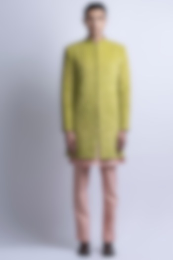 Lime Green Jacquard Suede Velvet Embroidered Indo-Western Set by SUHAIL HAFEEZ at Pernia's Pop Up Shop