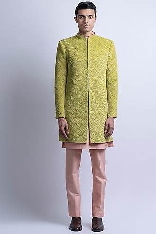 Lime Green Jacquard Suede Velvet Embroidered Indo-Western Set by SUHAIL HAFEEZ