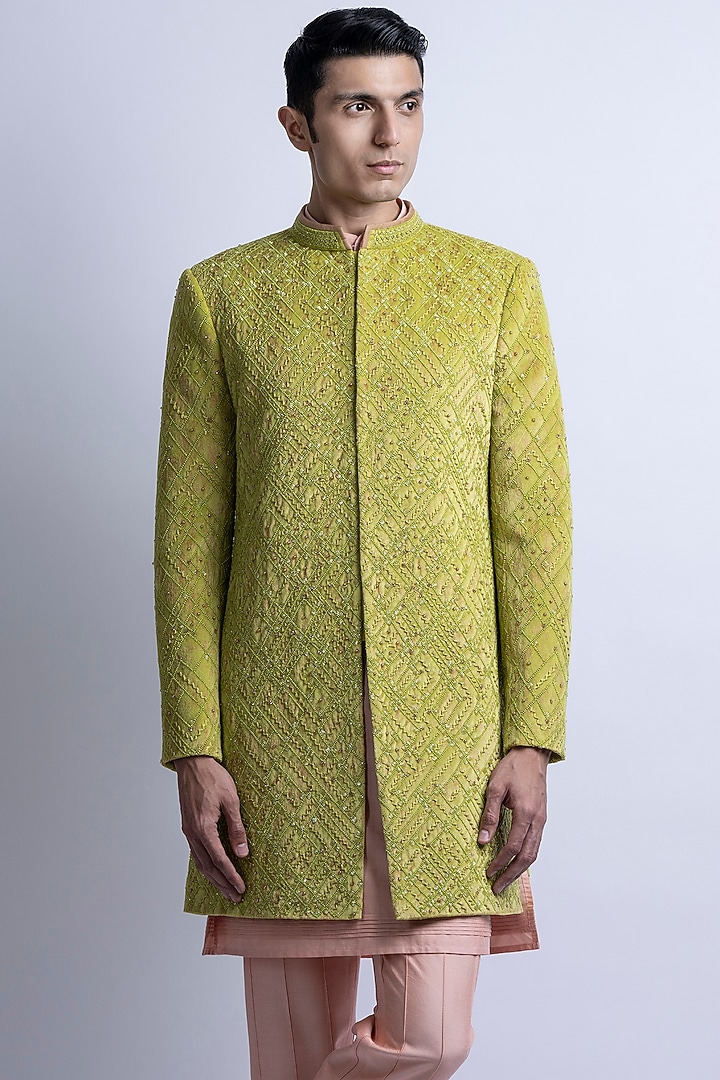 Lime Green Jacquard Suede Velvet Embroidered Indo-Western Set by SUHAIL HAFEEZ at Pernia's Pop Up Shop
