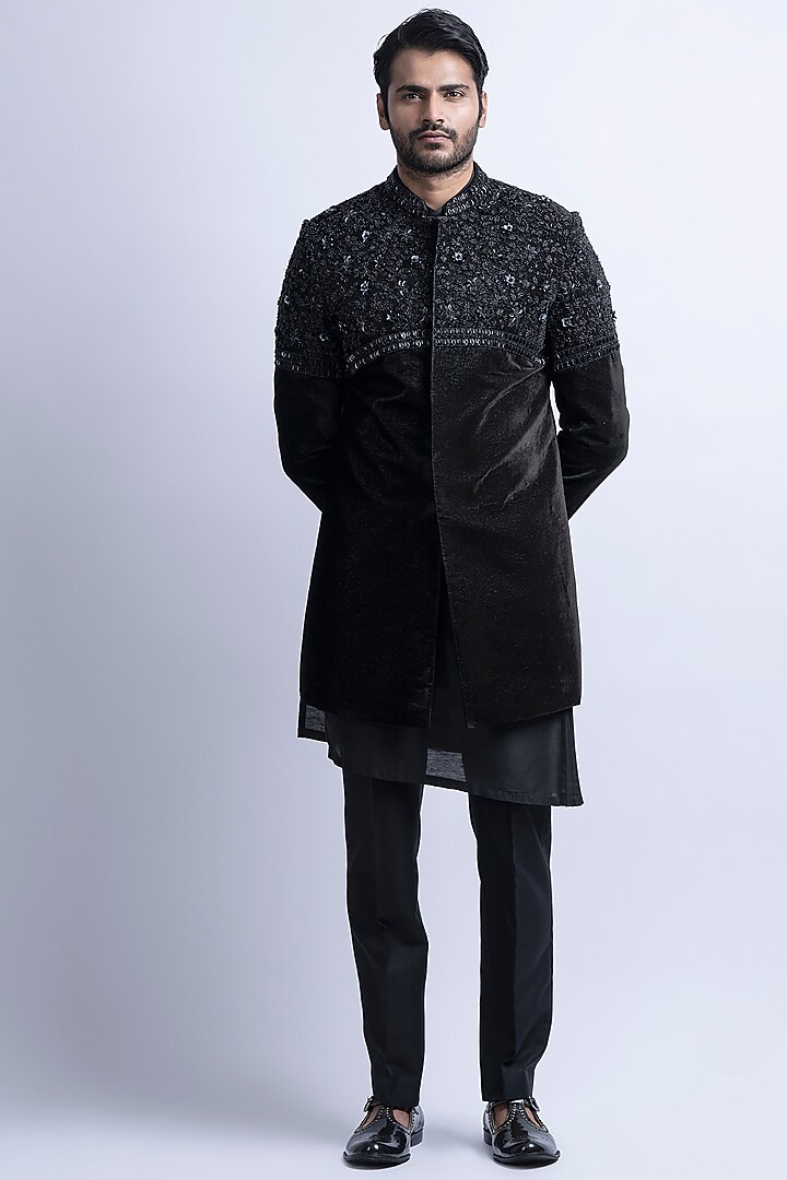 Black Micro Velvet Hand Embroidered Indo-Western Set by SUHAIL HAFEEZ at Pernia's Pop Up Shop