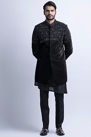 Black Micro Velvet Hand Embroidered Indo-Western Set by SUHAIL HAFEEZ