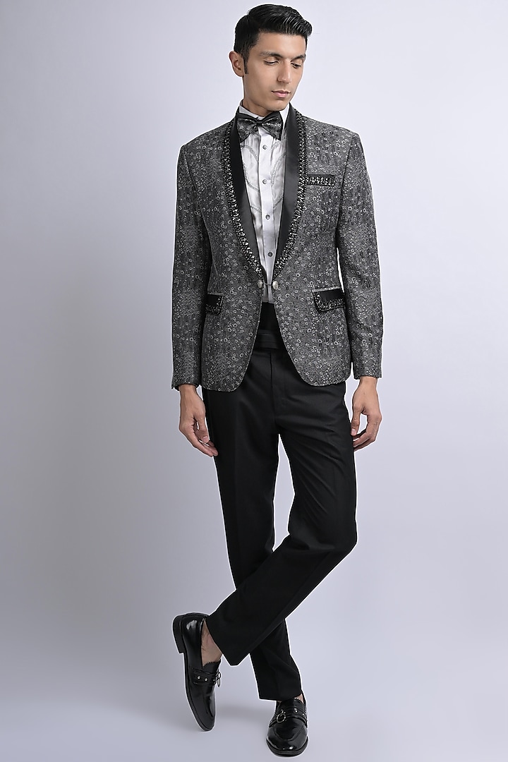 Silver Grey Jacquard Embroidered Tuxedo Set by SUHAIL HAFEEZ