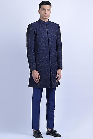 Blue Polyester & Viscose Jacquard Embroidered Indowestern Set by SUHAIL HAFEEZ
