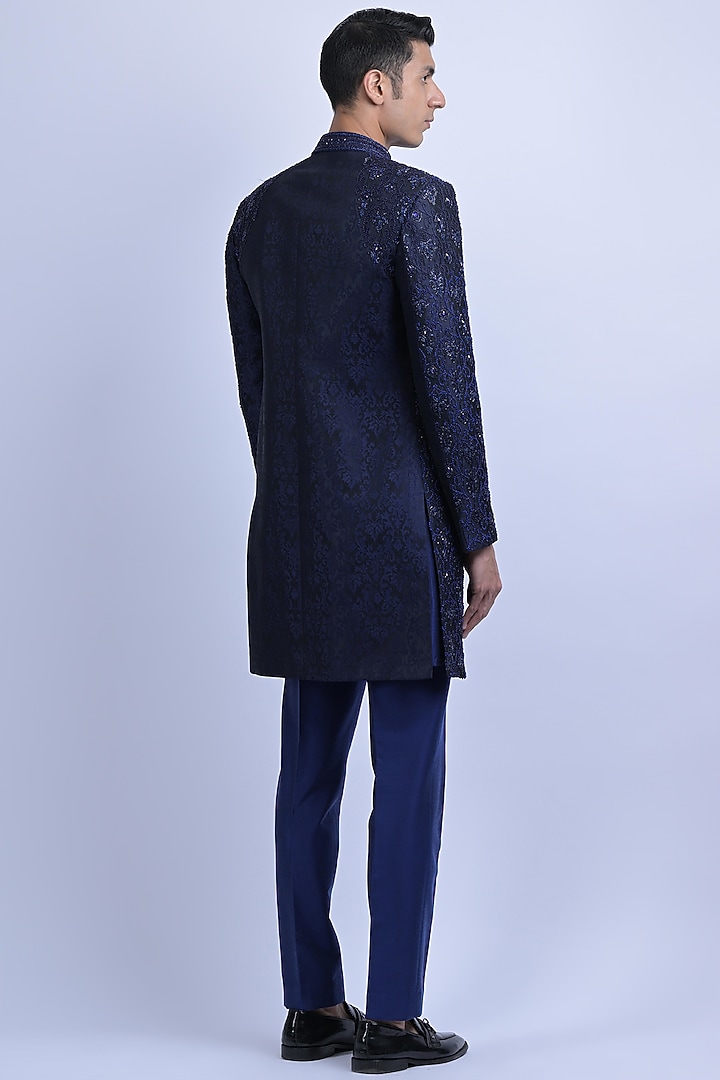 Blue Polyester & Viscose Jacquard Embroidered Wedding Indowestern Set by SUHAIL HAFEEZ at Pernia's Pop Up Shop