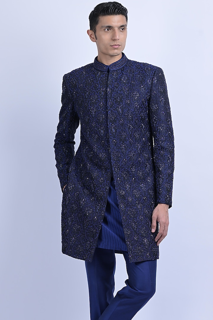 Blue Polyester & Viscose Jacquard Embroidered Wedding Indowestern Set by SUHAIL HAFEEZ at Pernia's Pop Up Shop
