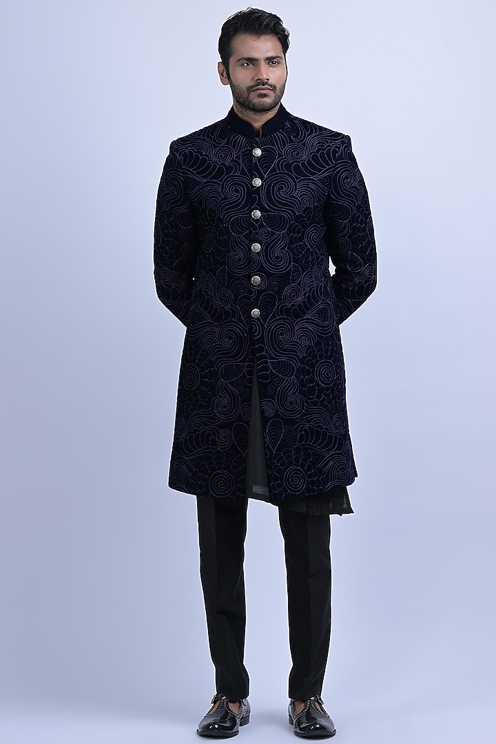 Blue Micro Velvet Embroidered Wedding Indowestern Set by SUHAIL HAFEEZ at Pernia's Pop Up Shop