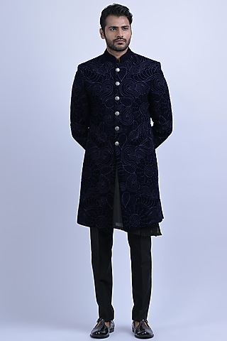 Blue Micro Velvet Embroidered Indowestern Set by SUHAIL HAFEEZ