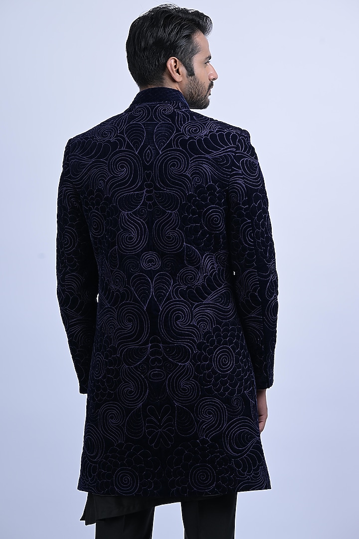 Blue Micro Velvet Embroidered Wedding Indowestern Set by SUHAIL HAFEEZ at Pernia's Pop Up Shop