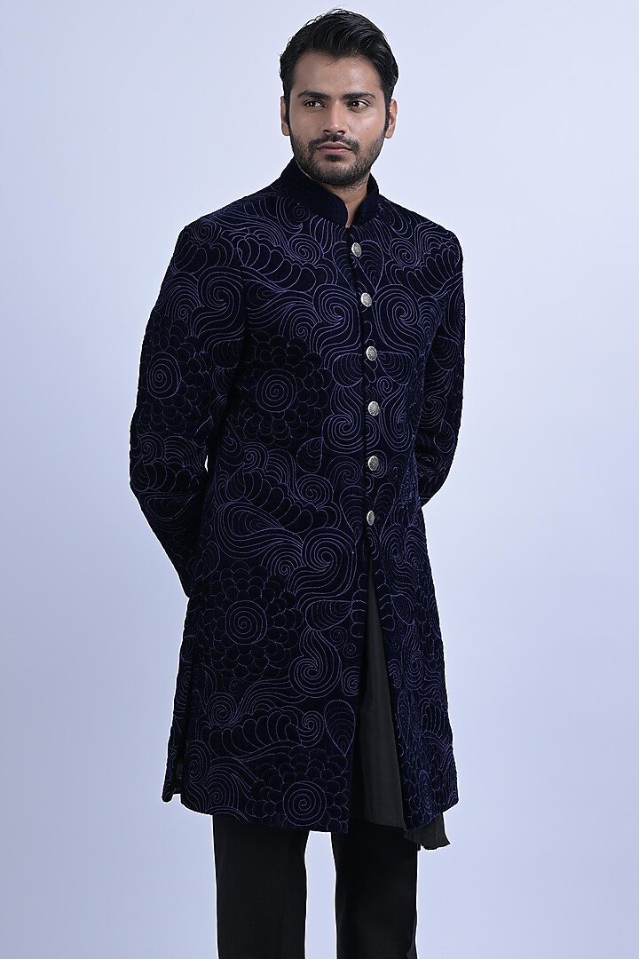 Blue Micro Velvet Embroidered Wedding Indowestern Set by SUHAIL HAFEEZ at Pernia's Pop Up Shop